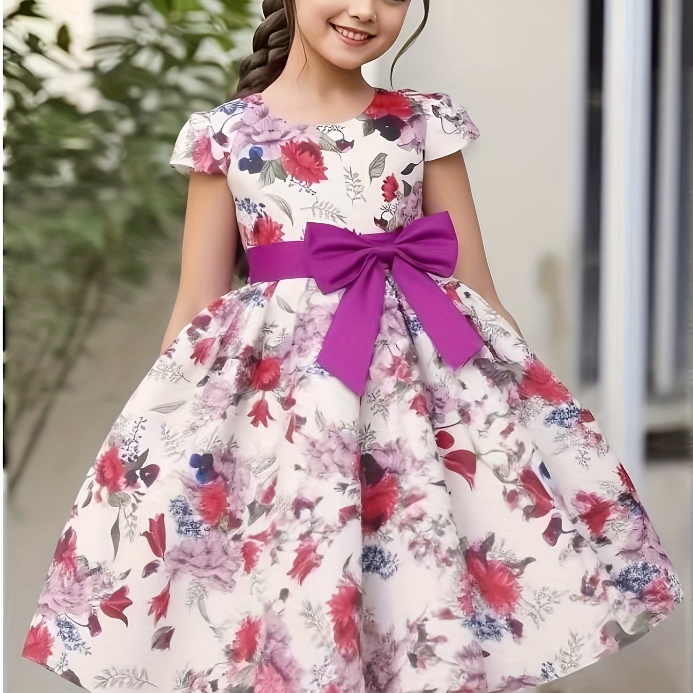 Girls Floral Print Midi Dress with Bowknot and Lace-up Details for Elegant Kids