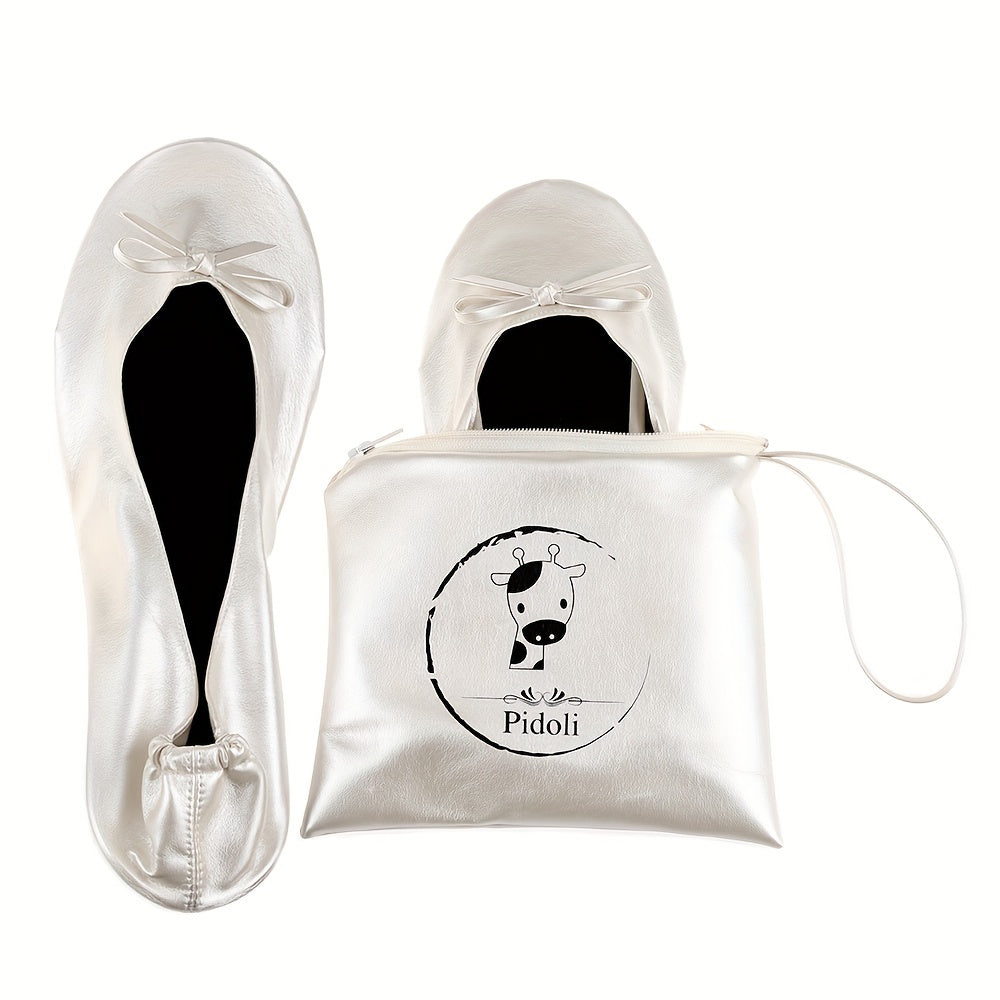 Women's Ballet Flats Foldable Travel Shoes with Removable Pouch Black