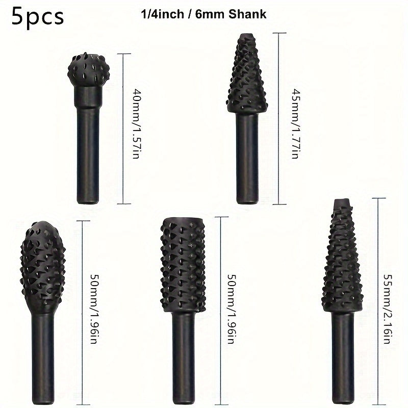 5/10pcs Wood Carving File Rasp Drill Bits 1/4 Inch 6mm Rotary Burrs for Engraving Polishing and Shaping