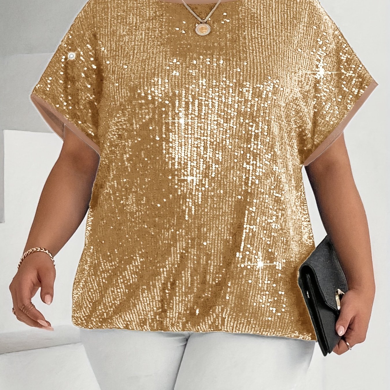 Plus Size Women's Sequin Short Sleeve T-Shirt Lightweight Silver Casual Top