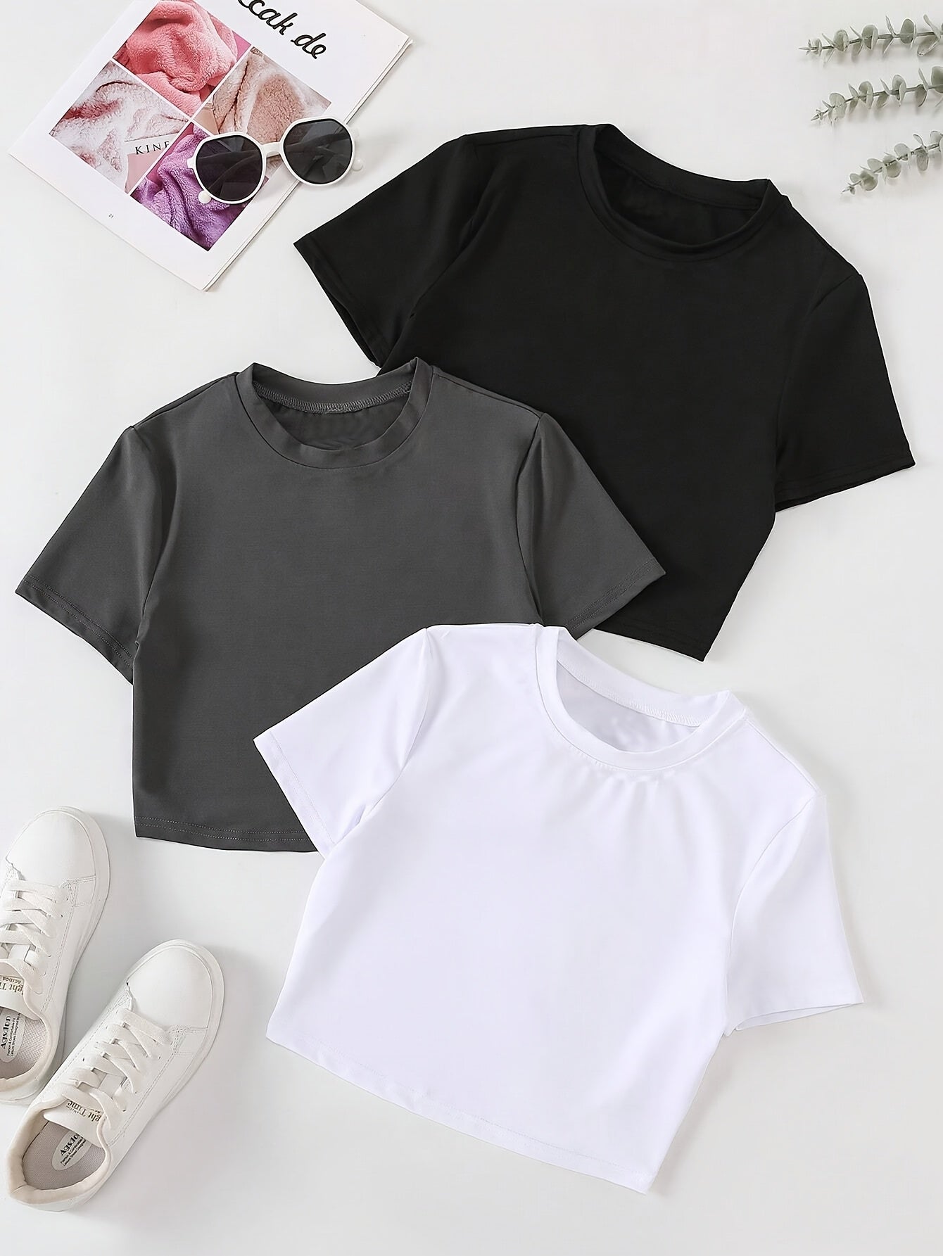 Women's Slim Fit Crop Tops Pack of 3 Short Sleeve Solid Color Polyester Casual