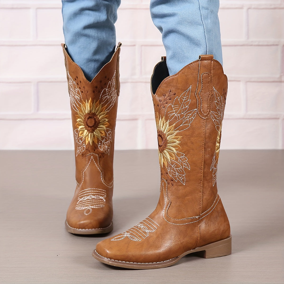 Women's Faux Leather Embroidered Mid Calf Western Boots