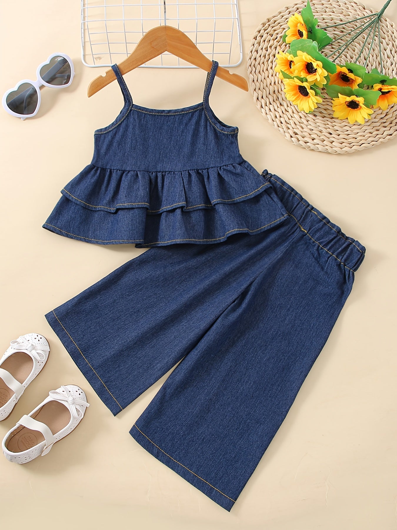 Girls Denim Cami Top and Wide Leg Jeans Set for Summer Outdoor Activities