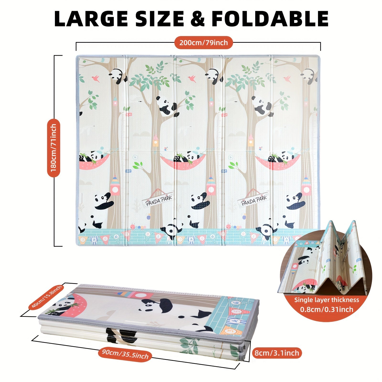 Kids' Play Mat Double-Sided Foldable Non-Toxic PE Panda Design 200x180cm