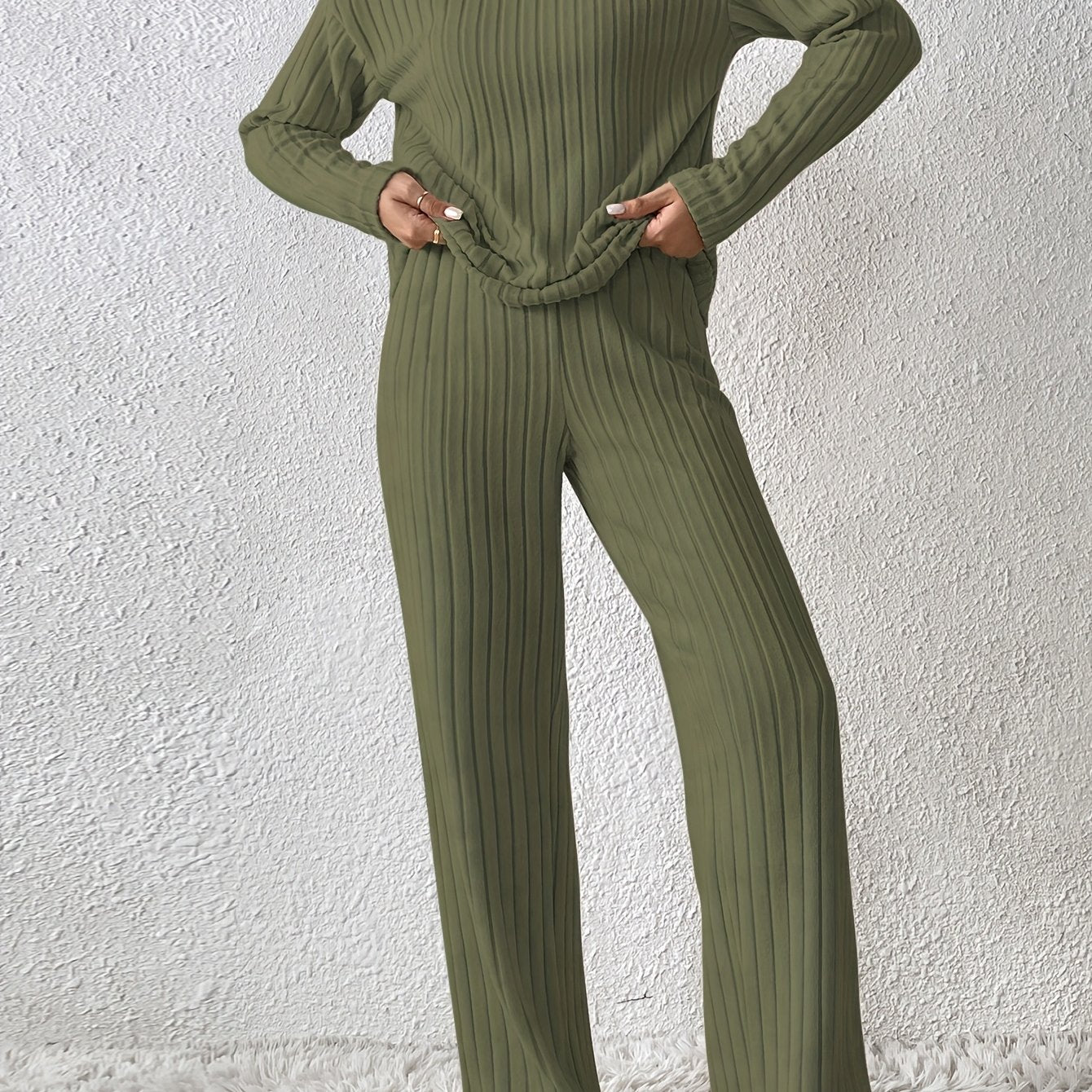 Women's Ribbed Lounge Set V-Neck Top and Pants Fall Winter Casual Knit Fabric