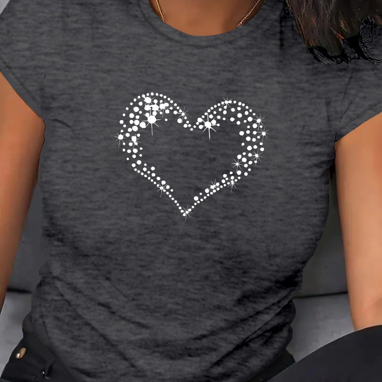 Women's Large Fit Heart Print T-Shirt - Soft Breathable Polyester Casual Short Sleeve