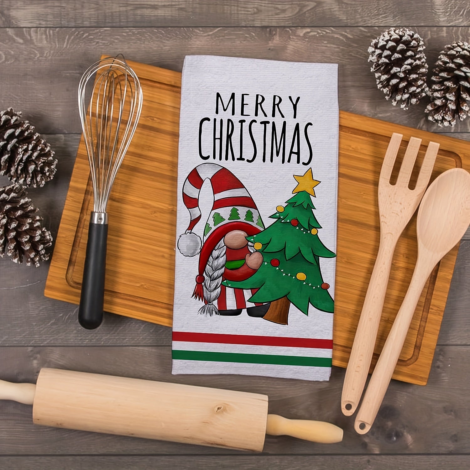 Set of 2 Christmas Gnome Kitchen Towels Red Green Holiday Hand Drying Baking 18x28 Inches