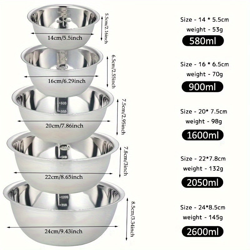 Set of 5 Stainless Steel Mixing Bowls with Non-Slip Base Kitchen Food-Grade