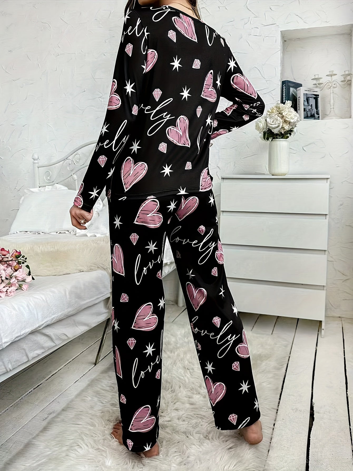 Women's Heart and Diamond Print Lounge Set Long Sleeve Top and Pants Casual Loungewear