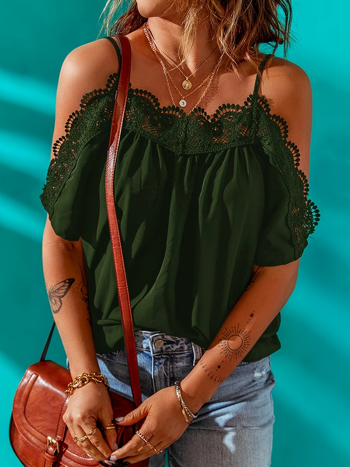 Plus Size Lace-Trim Cold Shoulder Blouse with Thin Straps