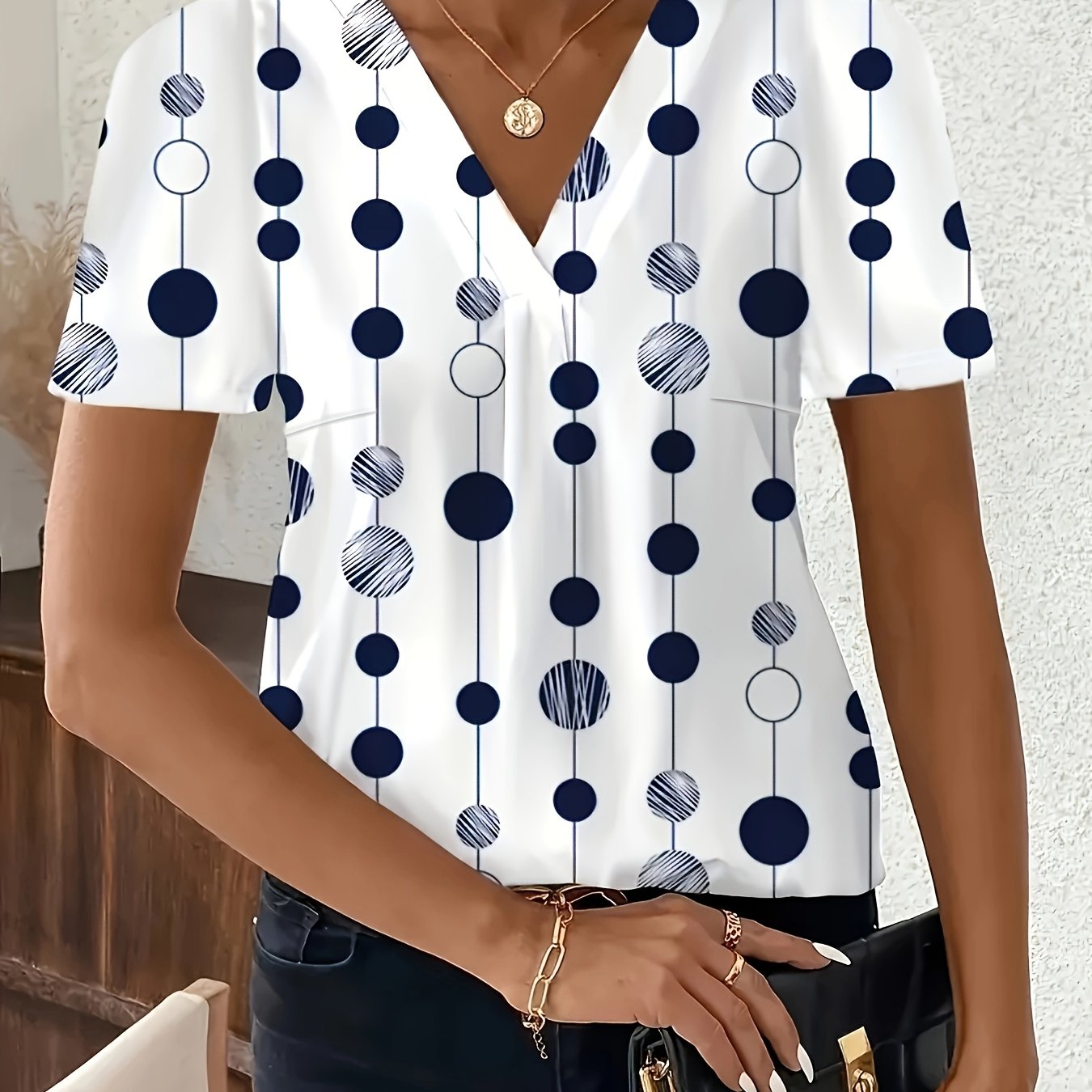 Women's V-Neck Blouse Lightweight Polyester Short Sleeve Pleated Summer Chic