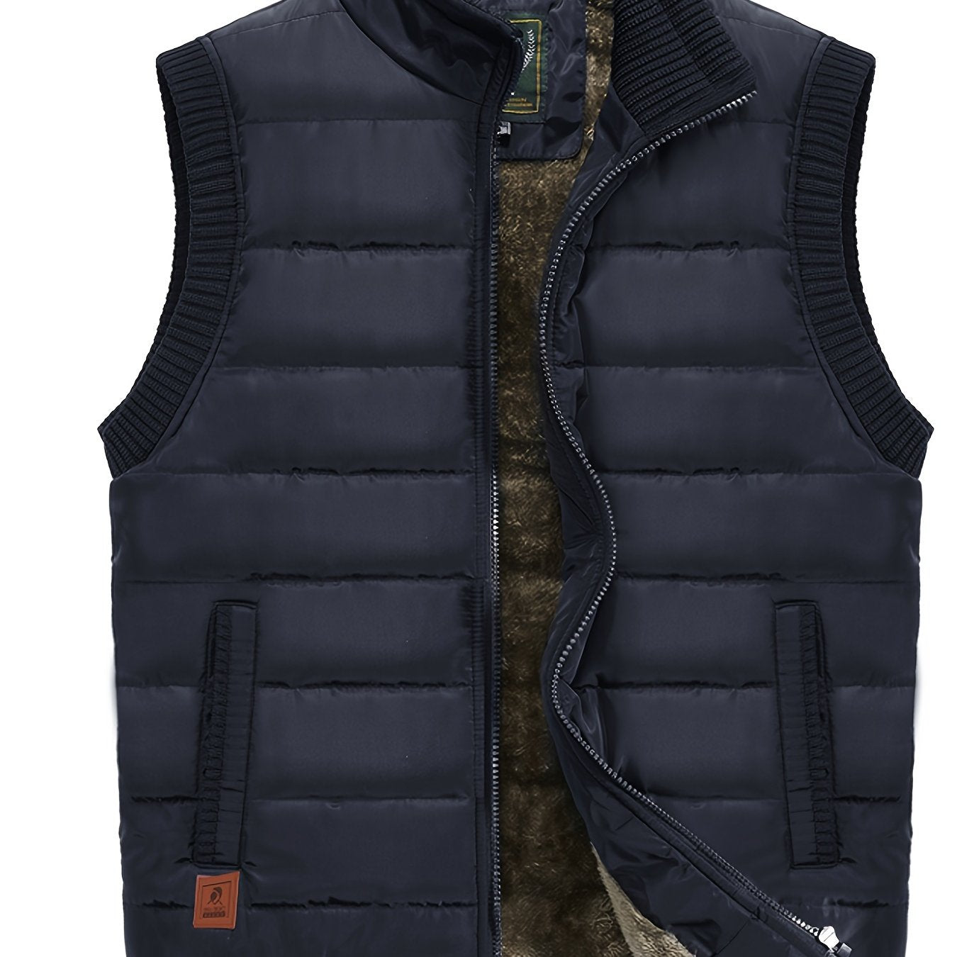 Men's Winter Vest Olive Green Zipper Fleece-Lined Casual Sleeveless Outerwear