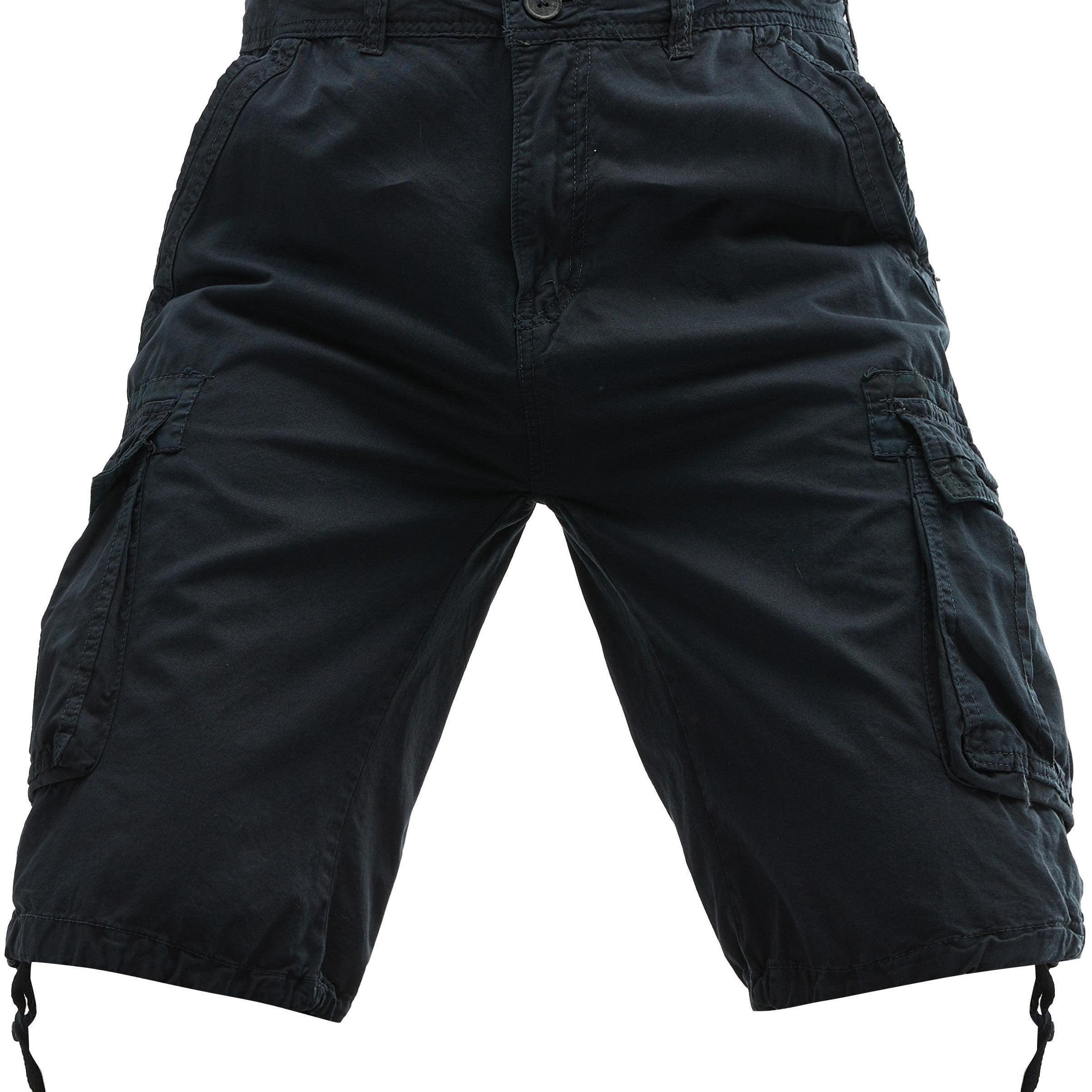 Erkaklar uchun katta o'lchamdagi paxta kargo shortlari, bir rangli ko'cha uslubida, bir nechta cho'ntaklar bilan va oddiy moslashuvda. Cho'zilmaydigan to'qilgan mato.