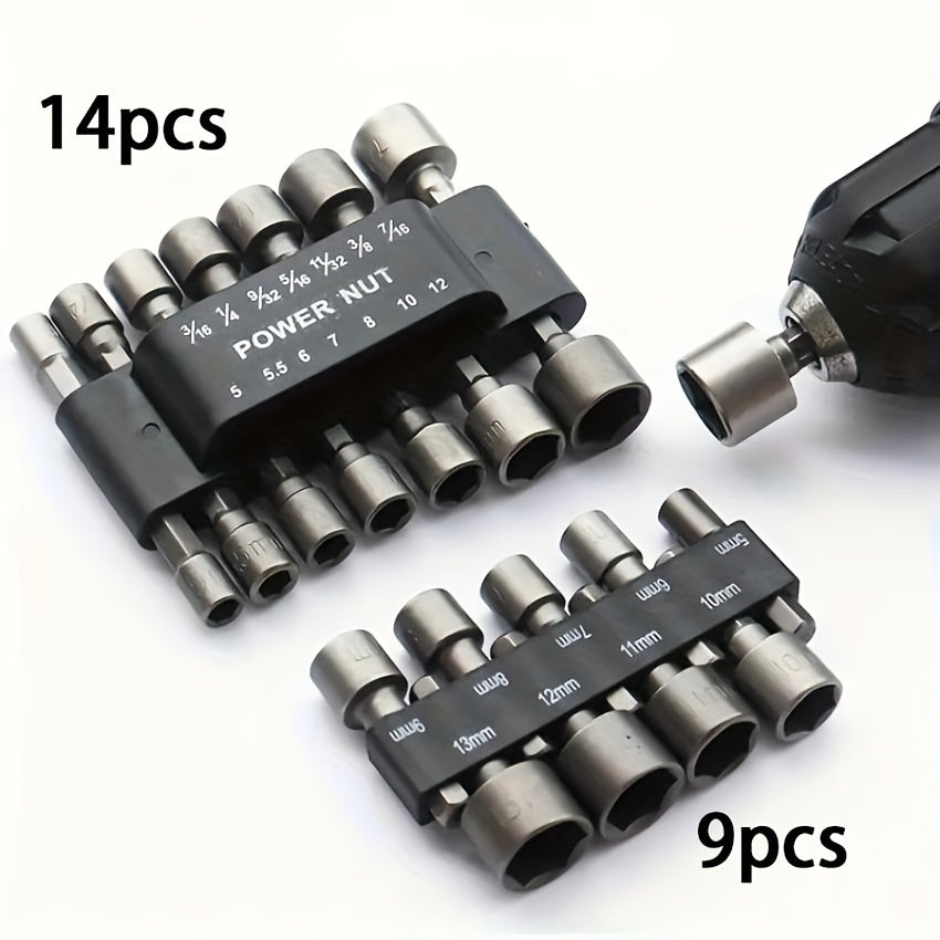 Universal Hex Socket Wrench Set 9 or 14 Pieces with Drill Tool and Accessories