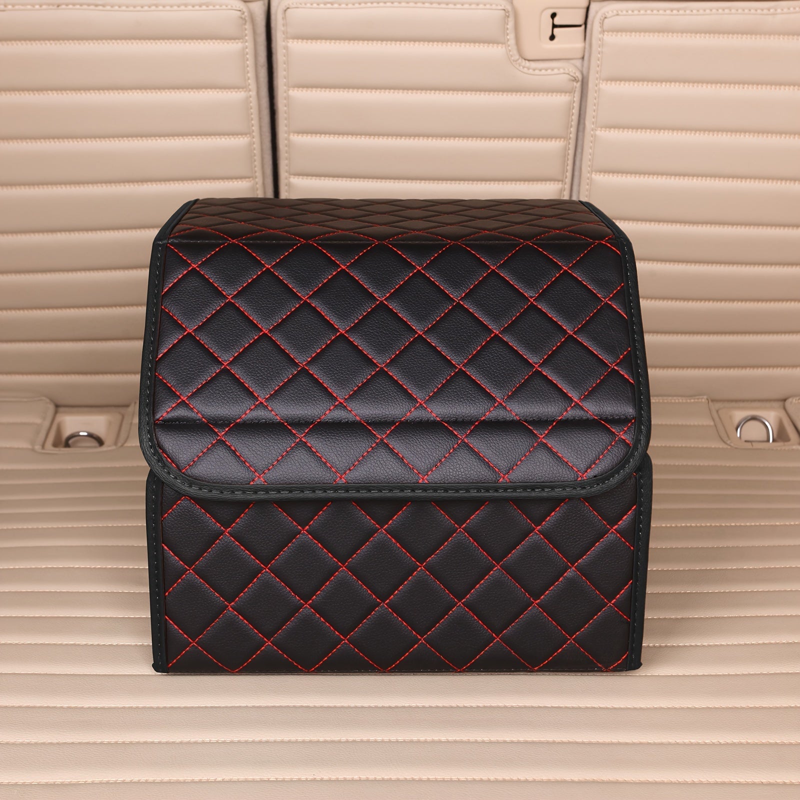 Organizador de maletero de coche plegable de cuero PU con costura de diamantes y acentos rojos para coches, camiones y SUVs