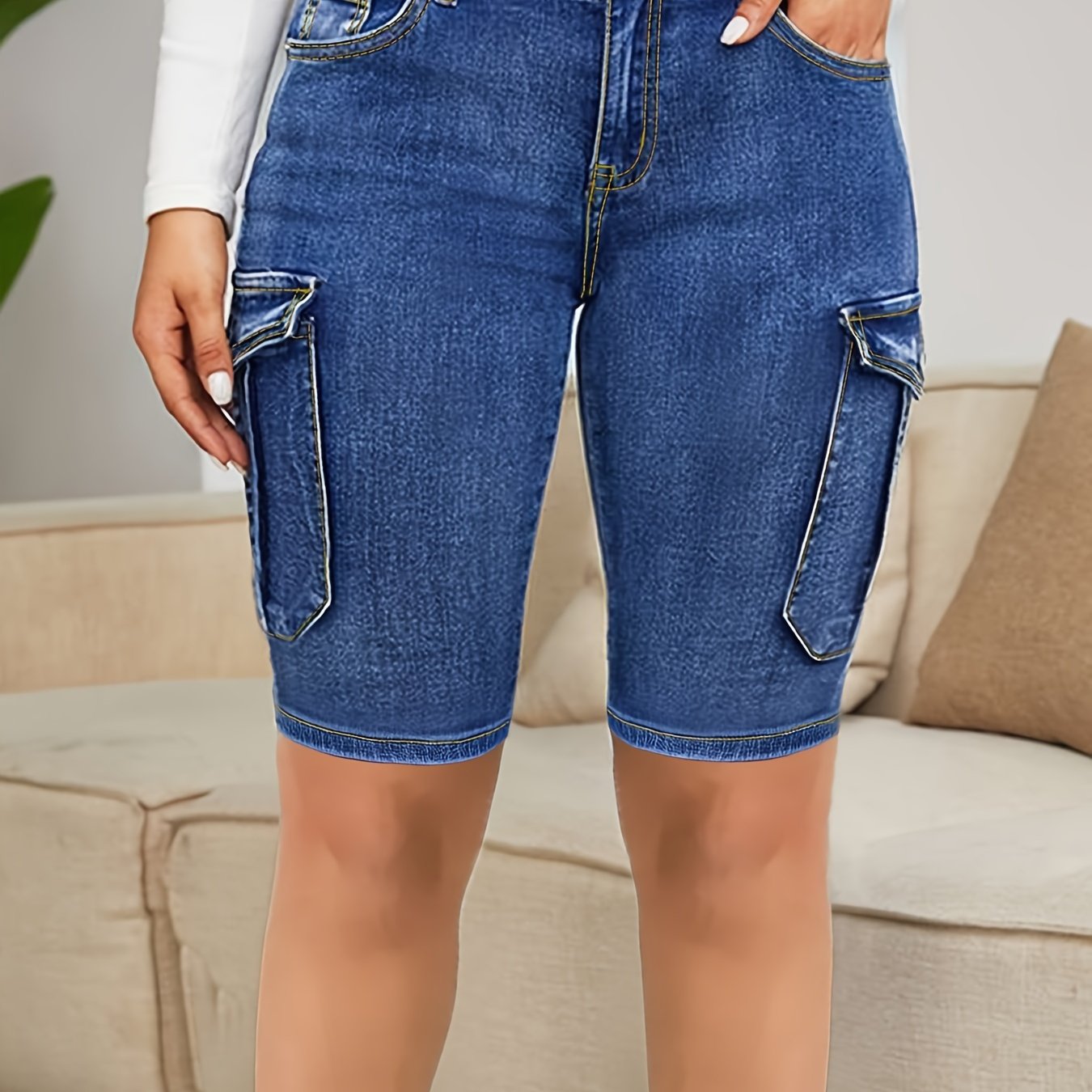 Plus Size Women’s Blue Denim Cargo Shorts High-Waisted Multi-Pocket