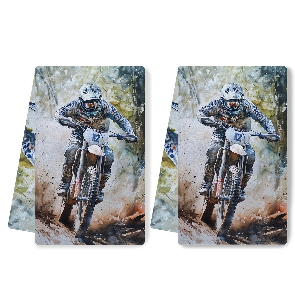 Set of 2 Ultra Soft Kitchen Towels Enduro Bike Rider Design 40x60cm Absorbent