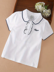Girls Short Sleeve Cotton Blend Knit Top with Lace Embroidery for Summer Casual