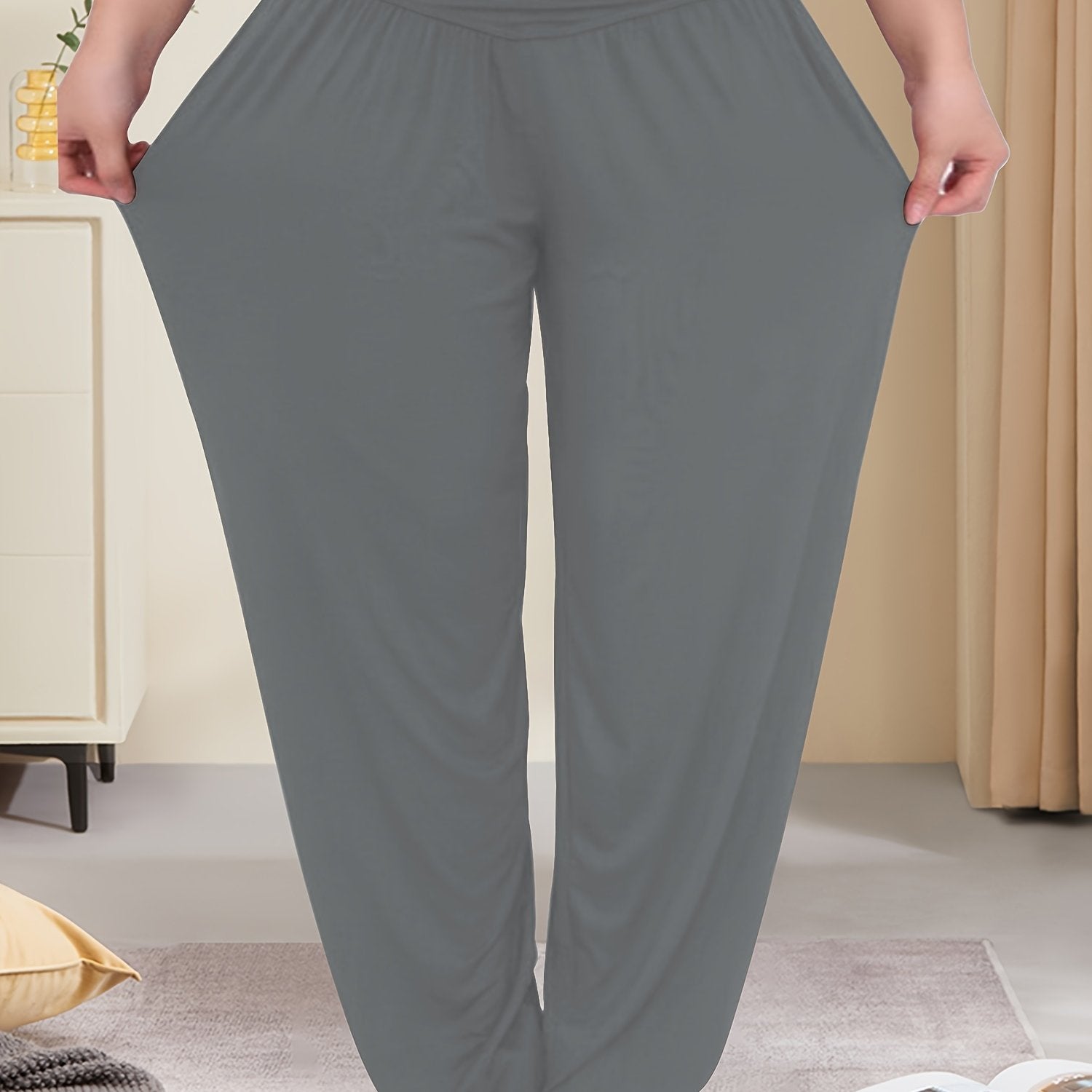 Штаны-лаборатории с высокой талией для женщин plus size из темно-синего эластичного полиэстера с широкими штанинами