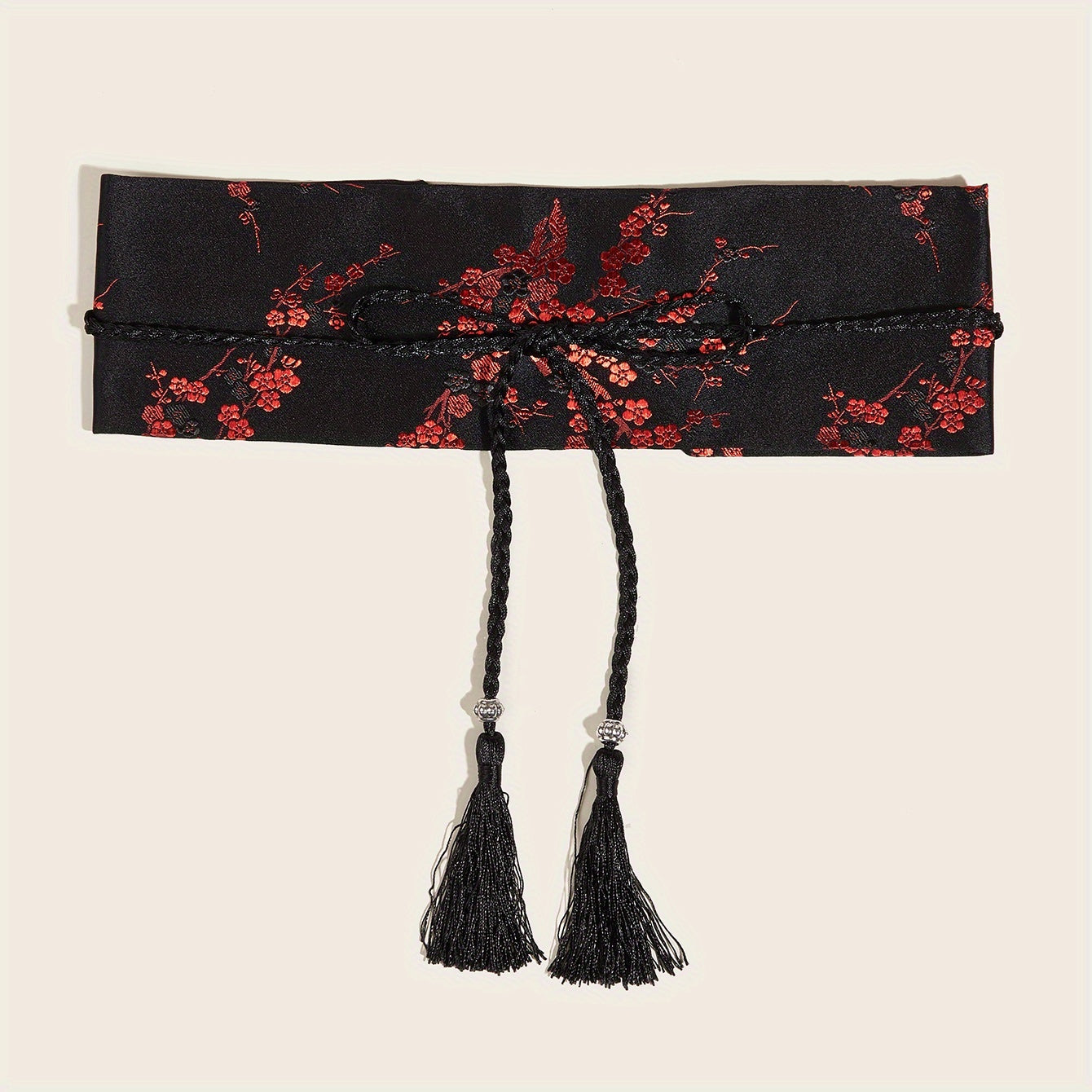 Traditional Tassel Belt with Embroidered Floral Designs and Red Waist Seal for Classic Dresses