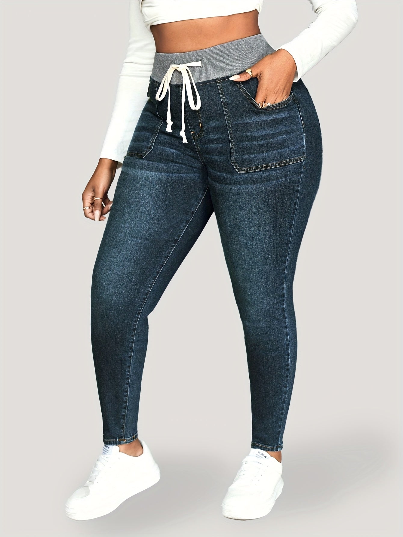 Ayollar uchun stretch denim jinsi, chiziqli belbog'li, tor fit, kundalik va barcha mavsum uchun