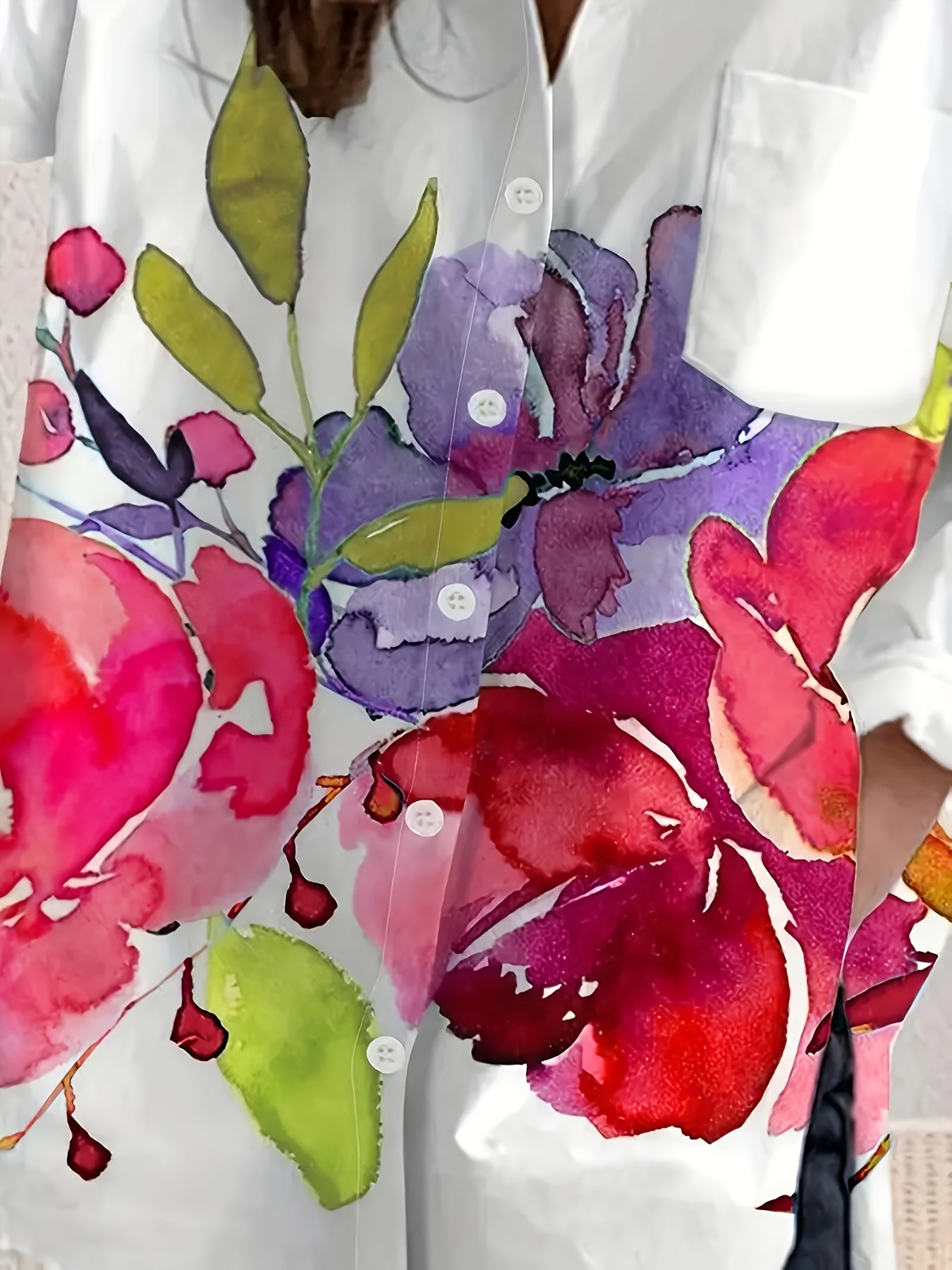 Women's Floral Print Long Sleeve Polyester Casual Shirt with Pockets