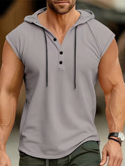 Men's Sleeveless Hooded Henley Shirt Polyester Summer Casual Sport Breathable Button-Detail