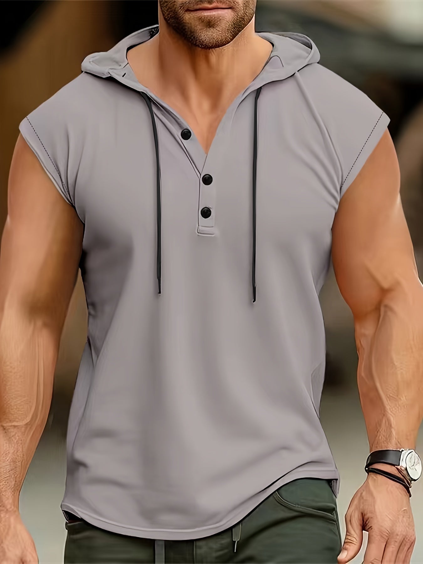 Men's Sleeveless Hooded Henley Shirt Polyester Summer Casual Sport Breathable Button-Detail