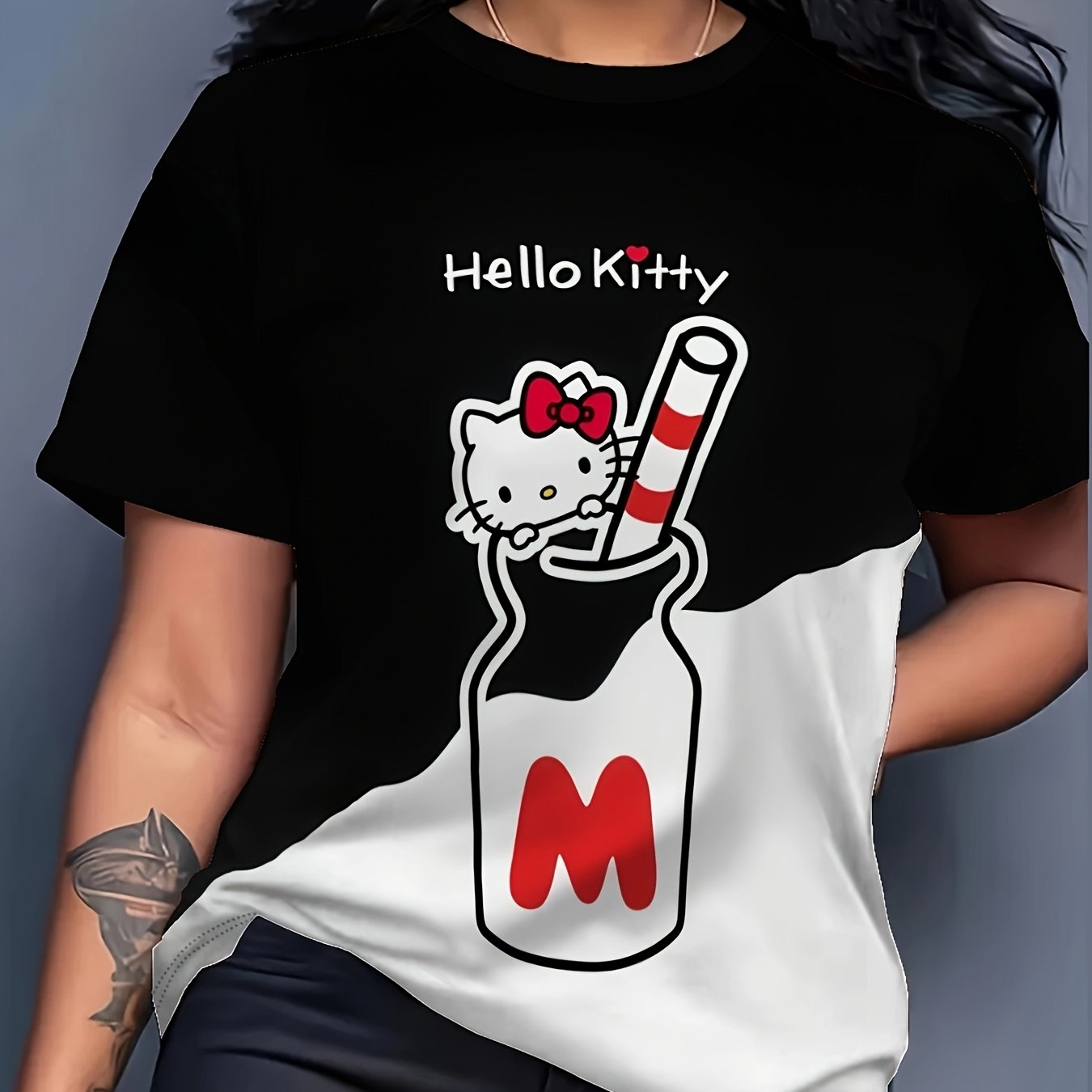 Plus Size Women's Black and White Graphic T-Shirt Casual Soft Breathable