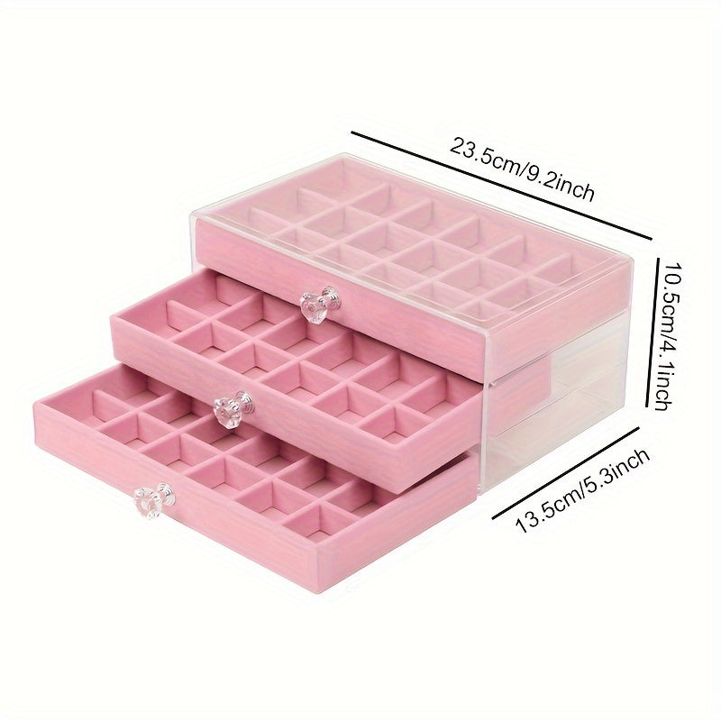 Organizador de joyas de acrílico con cajón de forro suave para collares, pendientes y anillos, azul claro y rosa
