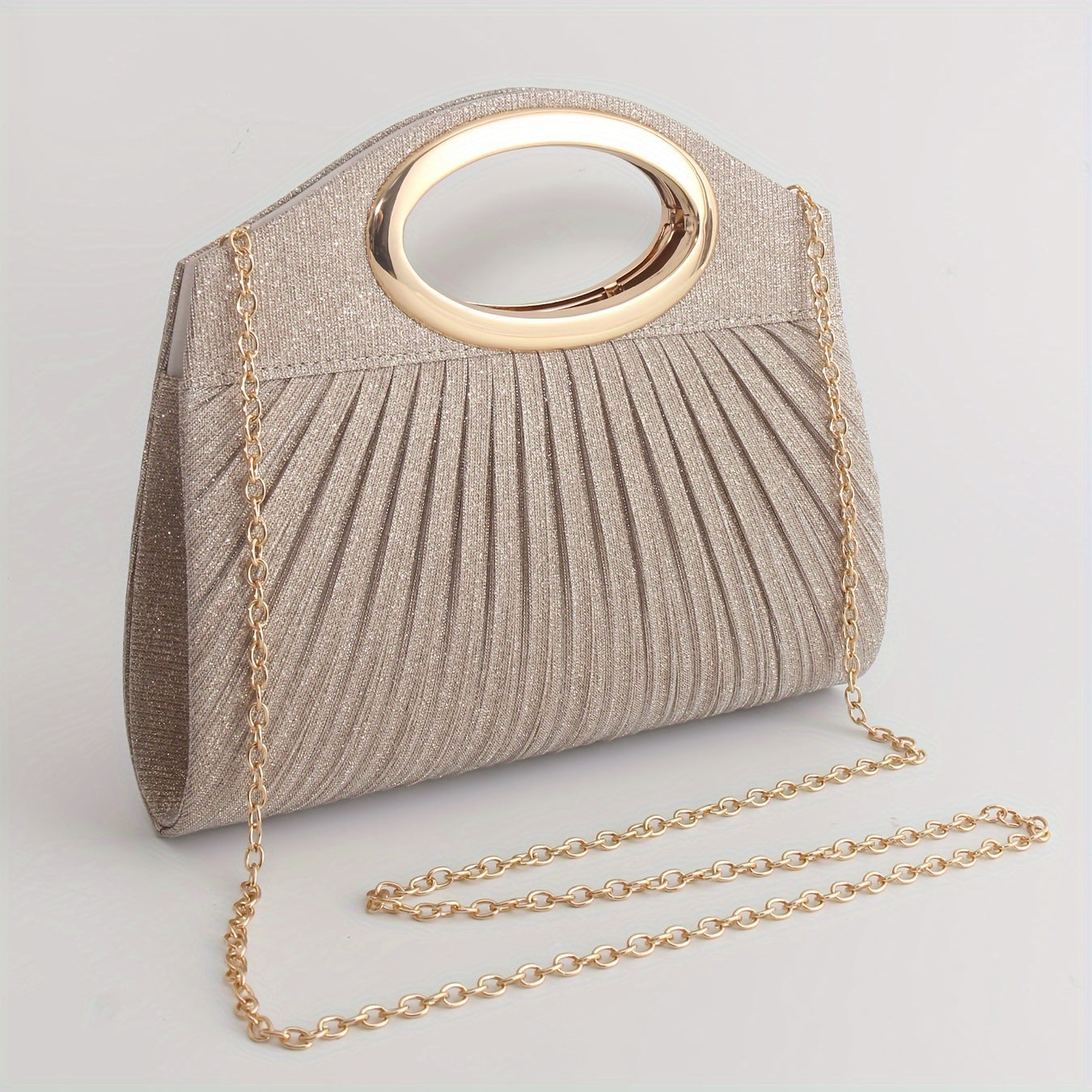 Glitter Clutch Bag with Metal Ring Handle and Removable Crossbody Strap for Weddings and Parties