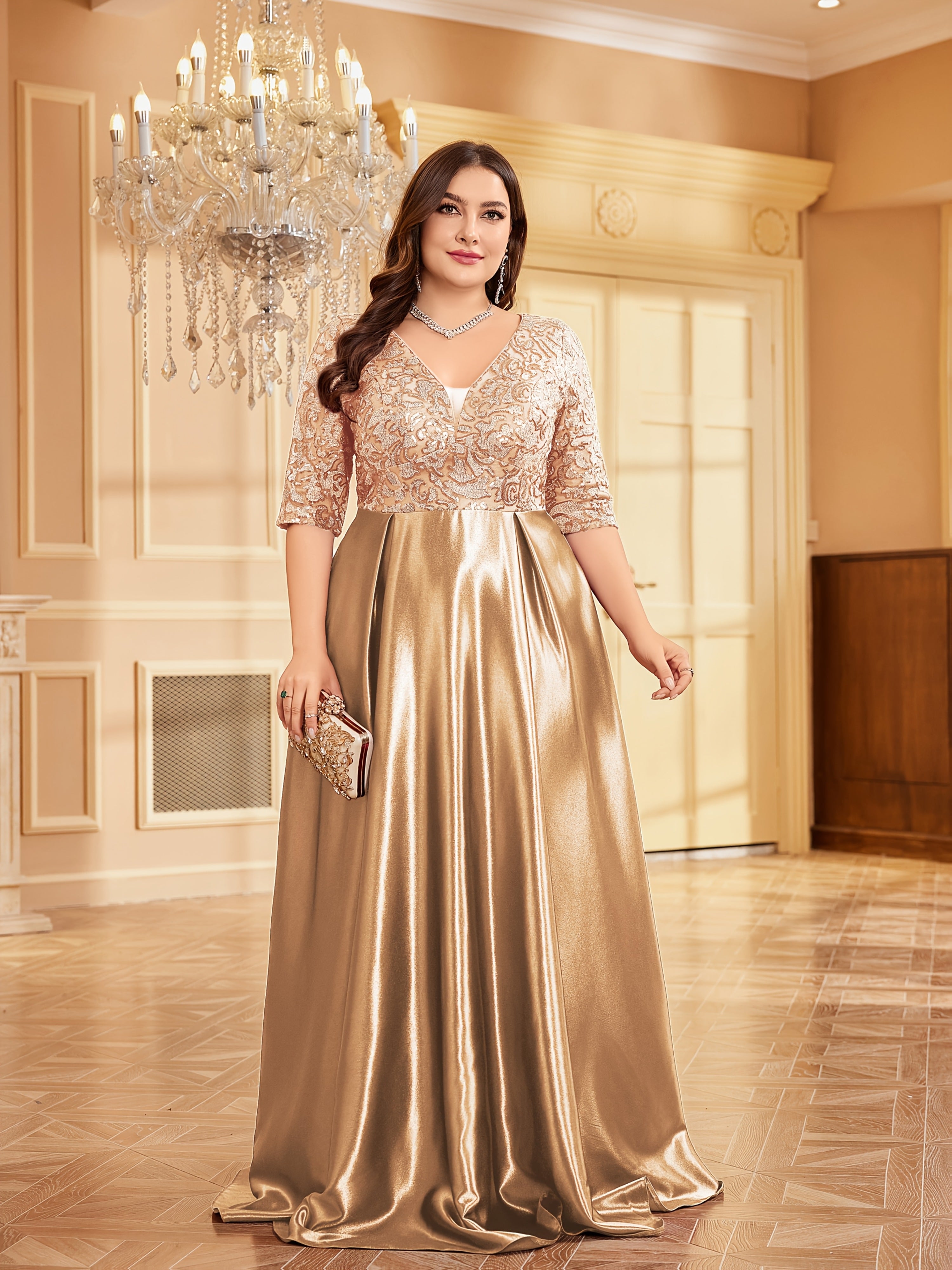 Women Long Dress Solid Color Mid-Sleeve Sequin Party Evening Gown
