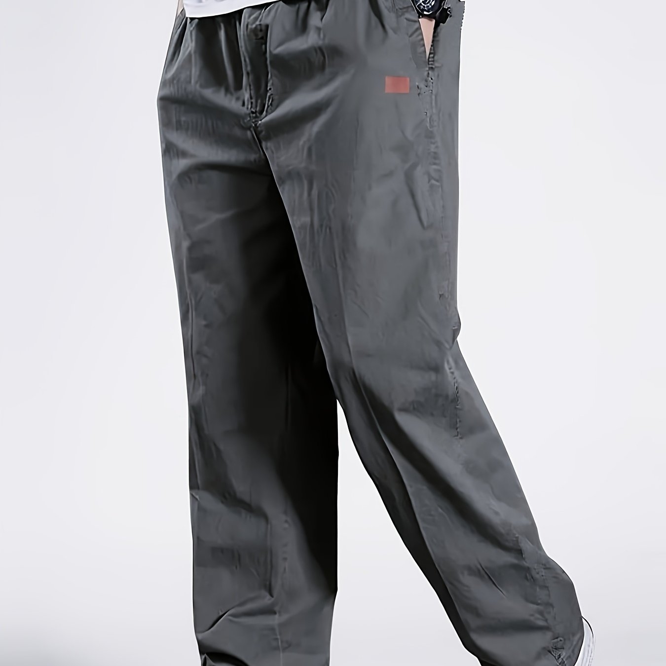 Men's Slim Fit Casual Pants with Pockets, Mid-Rise Drawstring Waist, Breathable Polyester