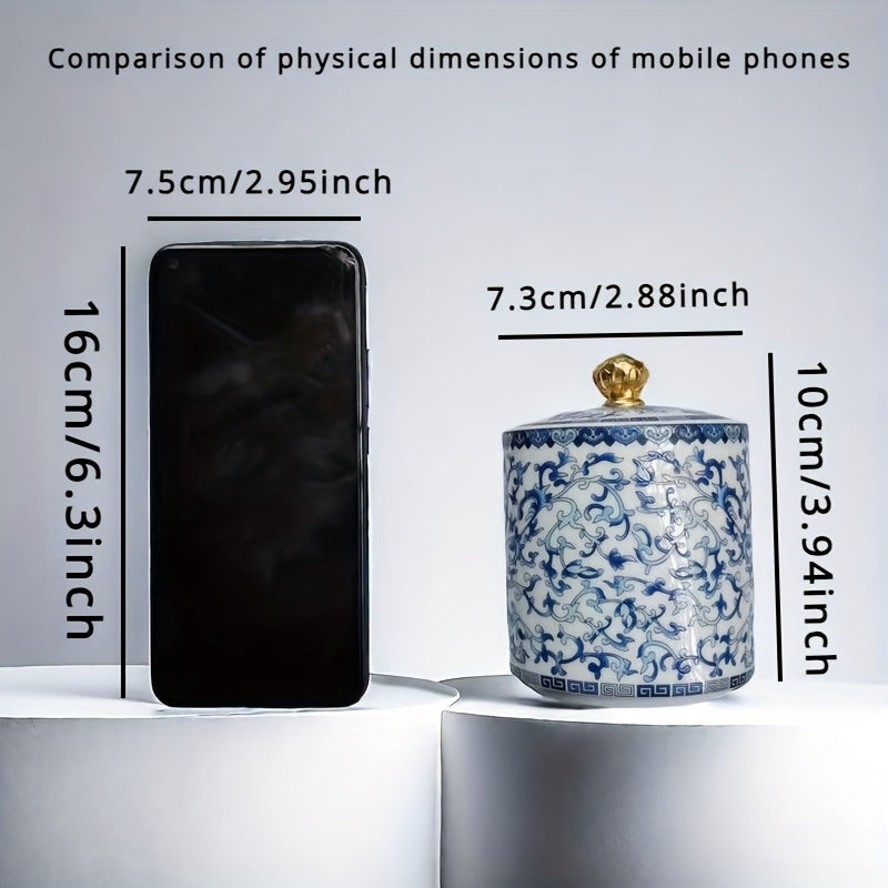 Tarro de almacenamiento de cerámica con sello de esmalte y porcelana azul y blanca