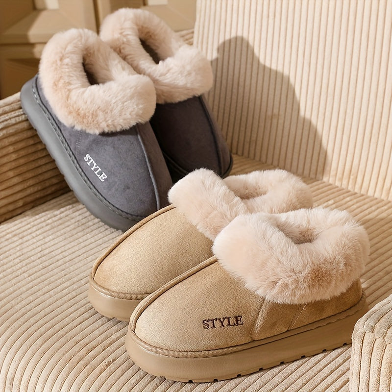 Men's Fleece-Lined Plush Slippers in Gray and Beige for Indoor Casual Wear