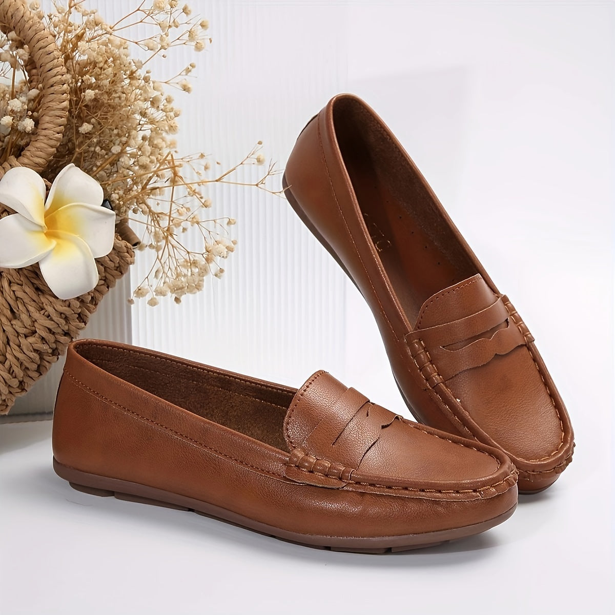 Women’s Faux Leather Slip-On Loafers with Soft Sole and Rubber Outsole