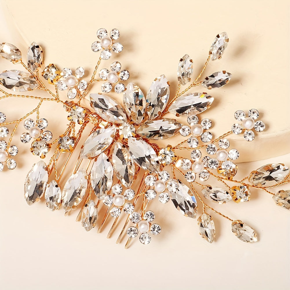 Handmade Flower Hair Comb with Horse Eye Rhinestones for Bridal Wedding Dress Accessories
