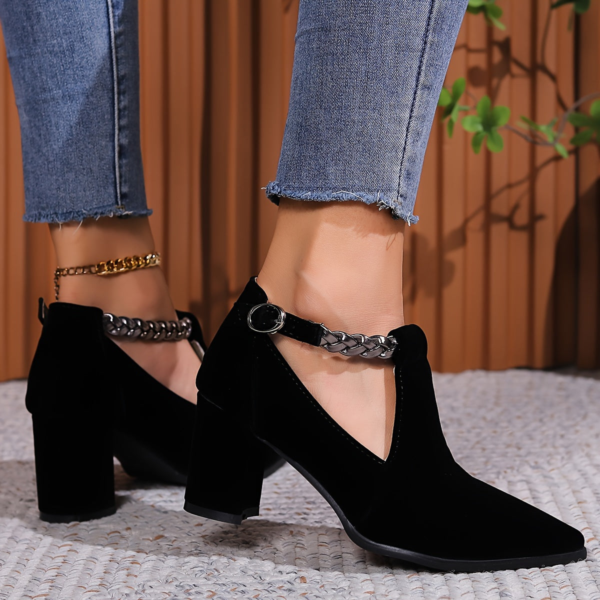Women Black Vintage-Inspired Mary Jane Ankle Boots Chunky Heel