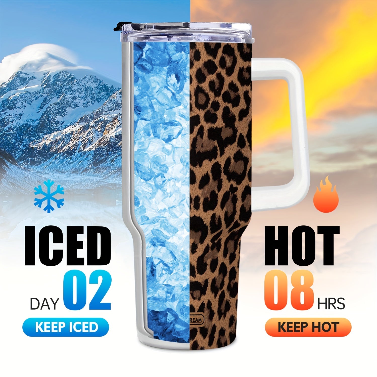 40oz Stainless Steel Tumbler with Handle and Lid Leopard Print Double Wall Vacuum Mug