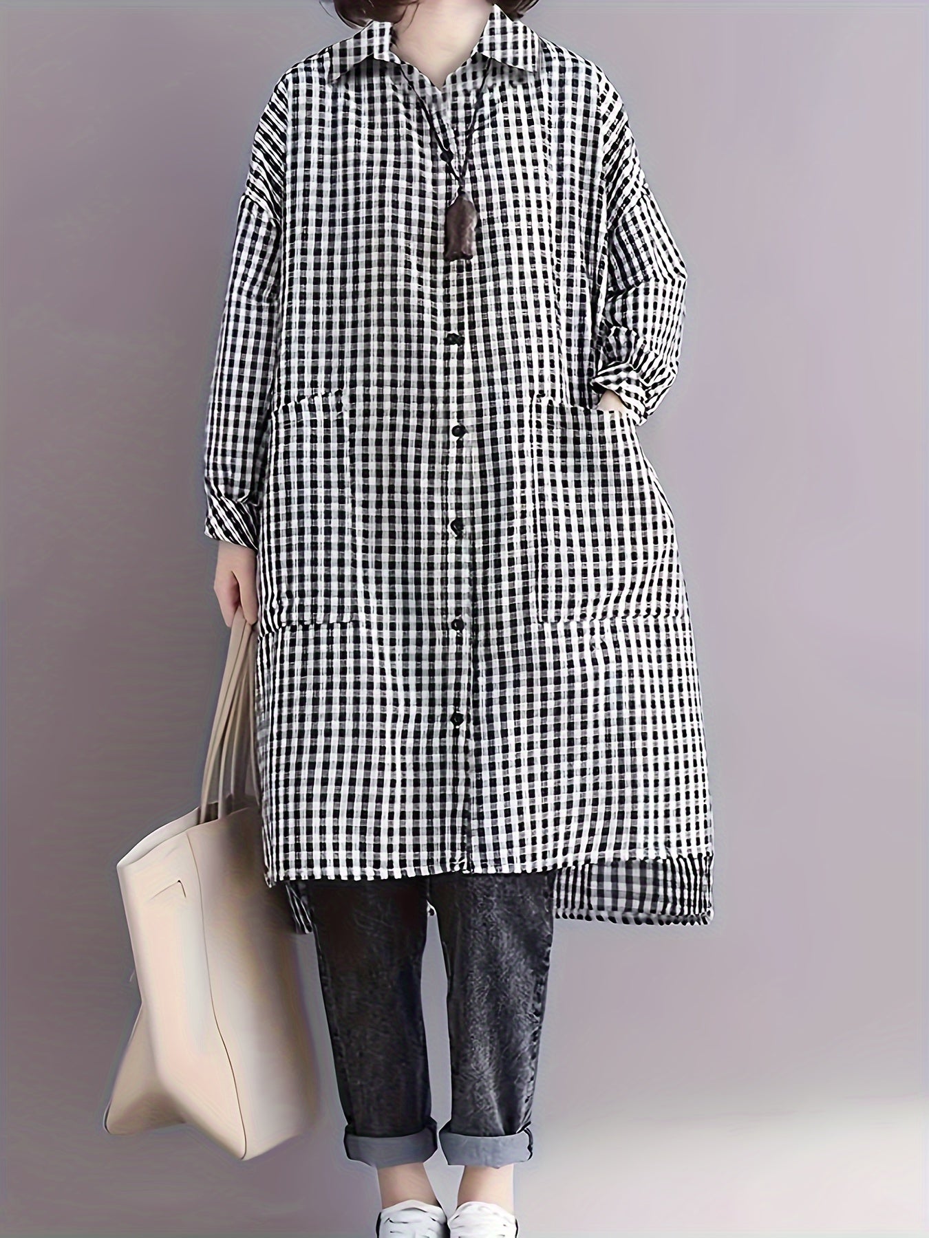 Women's Plus Size Long Sleeve Plaid Shirt with Pockets and Lapel Collar