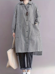 Женская рубашка большого размера с длинными рукавами, в клетку, с карманами и лацканом