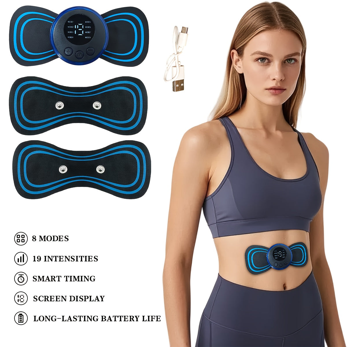 USB orqali zaryadlanadigan uy massajeri, 3 ta iste'mol materiali, 8 ta rejim, 19 ta intensivlik darajasi, erkaklar va ayollar uchun mos.