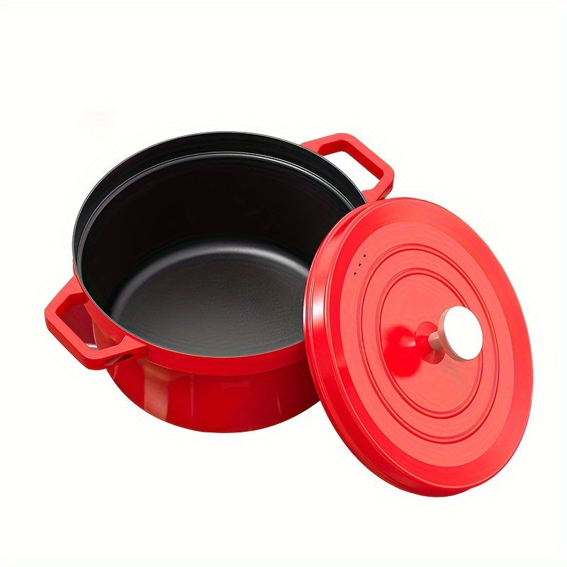 Cast Iron Soup Pot 4.01L Red with Lid for Broth and Stew Compatible with Gas and Induction