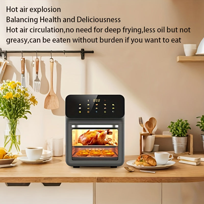 Katta hajmli ko'p funktsiyali uy oshxona airfryeri, kam yog' va yog'li, issiq havo aylanishi, aqlli tegish nazorati, o'chirish xavfsizlik funksiyasi, katta ko'rish oynasi, ikki qatlamli issiqlikka chidamli.