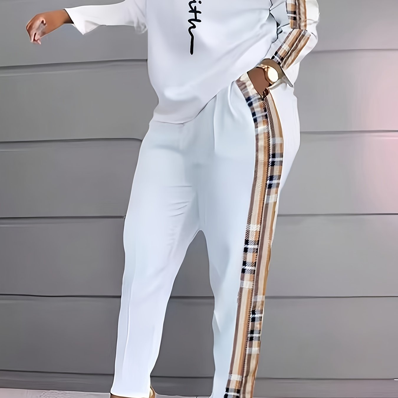 Women's Plaid Print Spandex Knit Jumpsuit with Crew Neck Pockets for Fall Winter