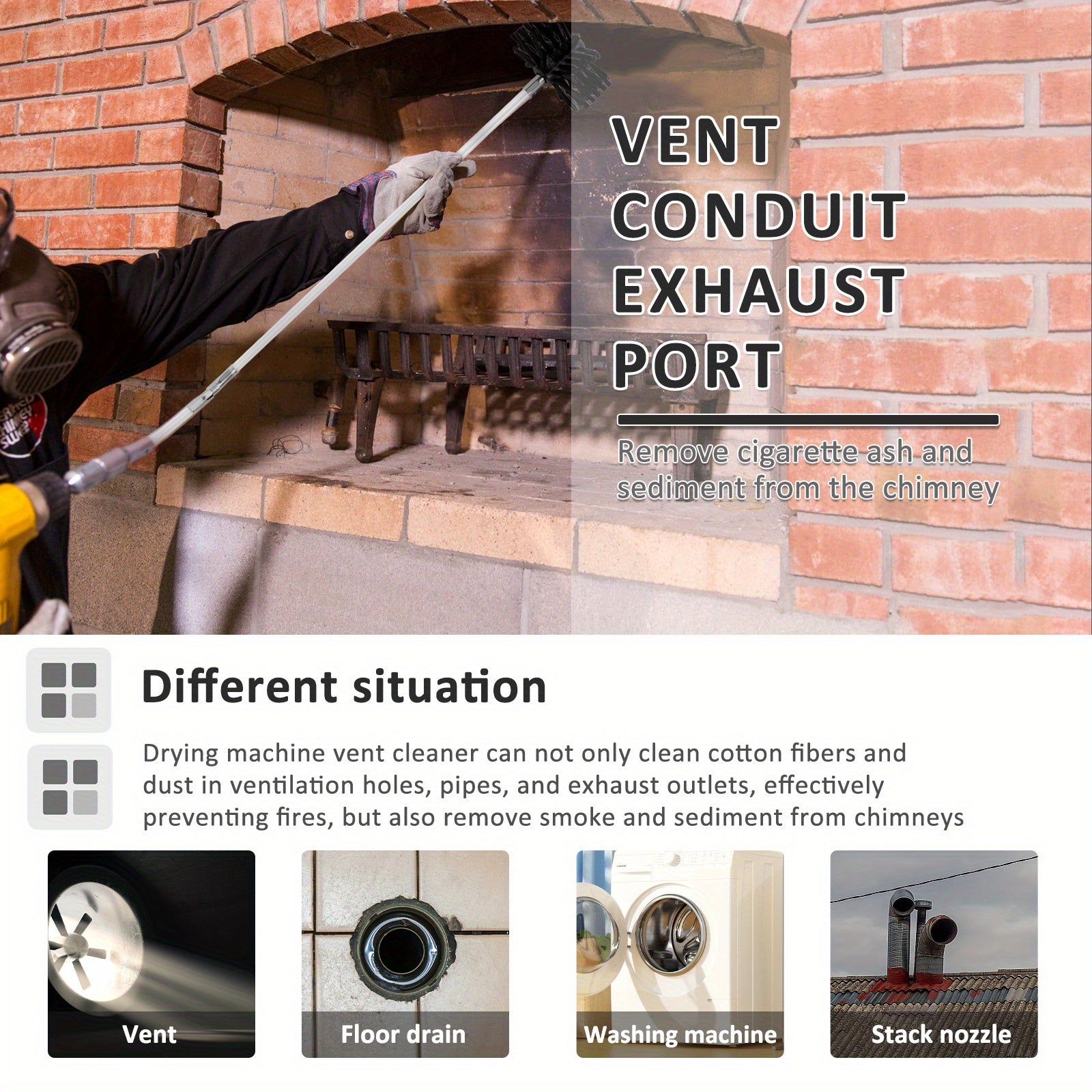 Flexible Chimney Sweep Kit 14 Pieces Nylon Brushes Heat-Resistant Dryer Vent Duct Cleaning