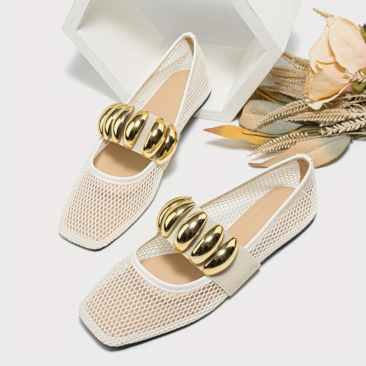 Women Mesh Flats Slip-Ons with Square Toe Crystal Embellishments