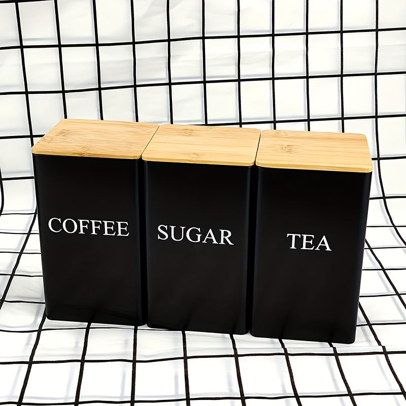 Square Metal Canisters Set with Wooden Lids for Tea Sugar Coffee Storage