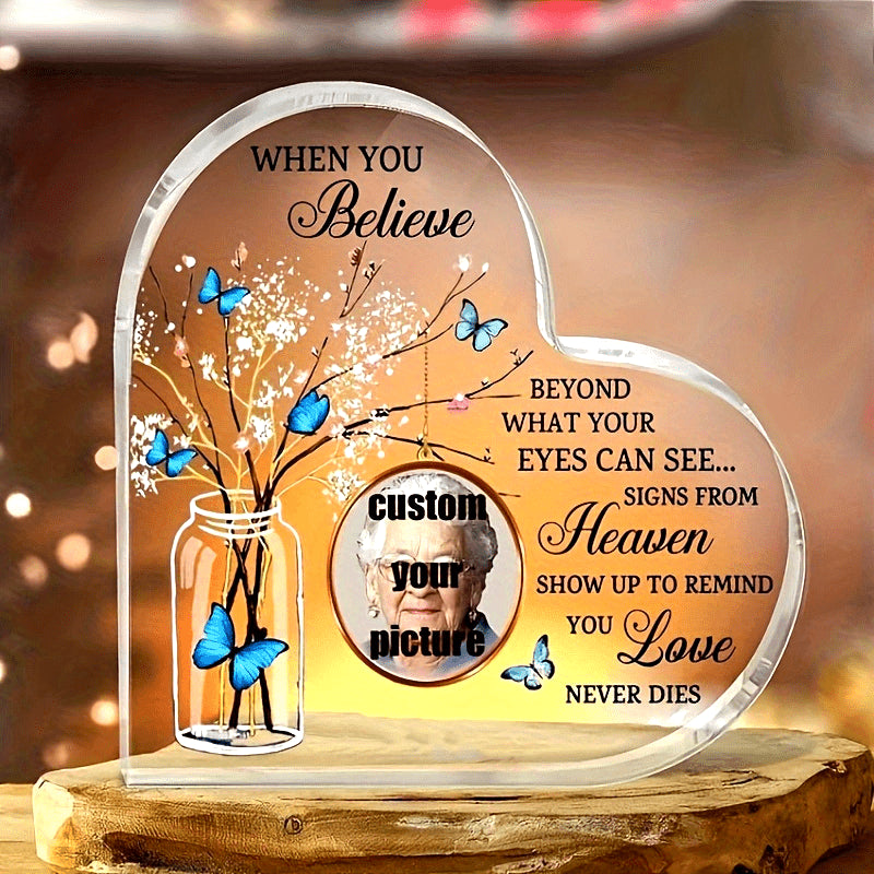 Acrylic Heart Plaque with Personalized Photo and Butterfly Design for Desk or Gift