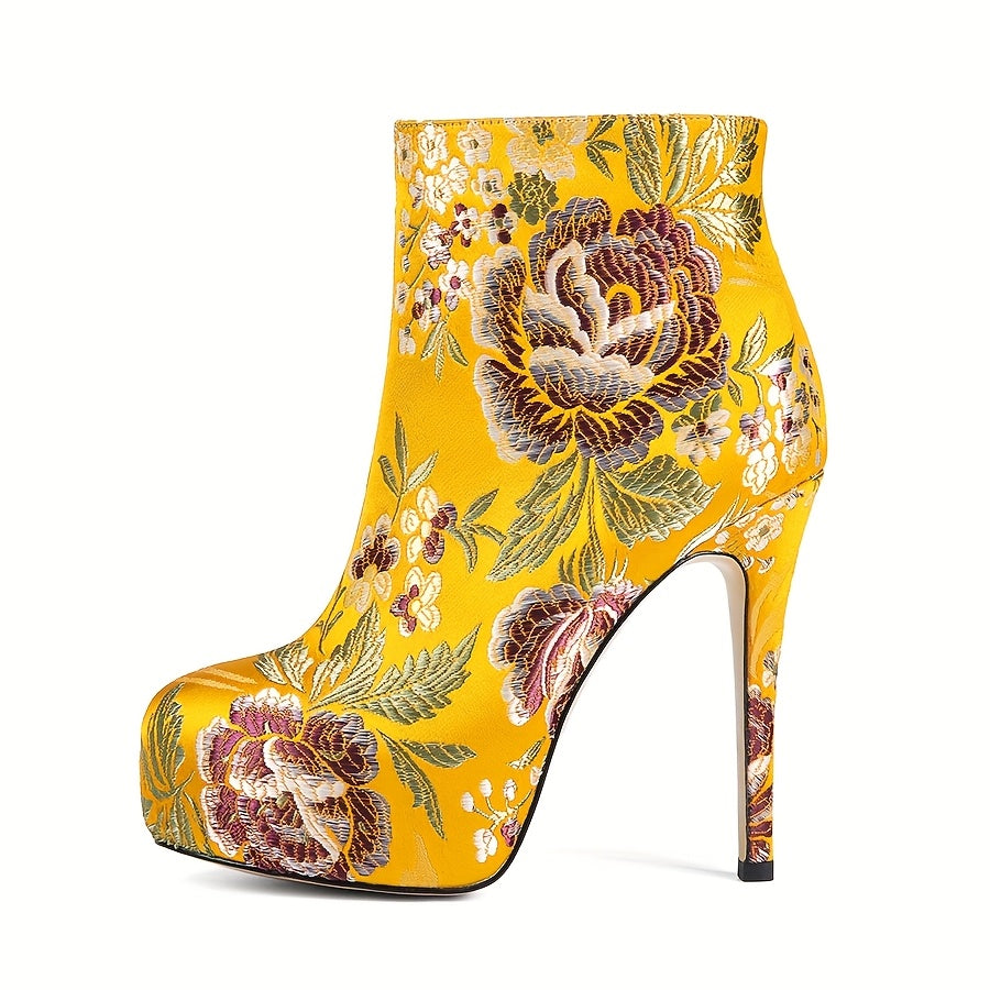 Women Floral Embroidered Ankle Boots Fabric Round Toe Zipper Heels